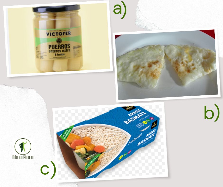 Puerros en conserva con tortilla de claras y arroz basmati.